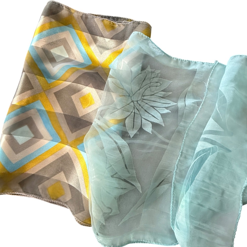 Vintage Geometric and‎ Floral Silk Scarf Set Blue Yellow Grey Rectangular